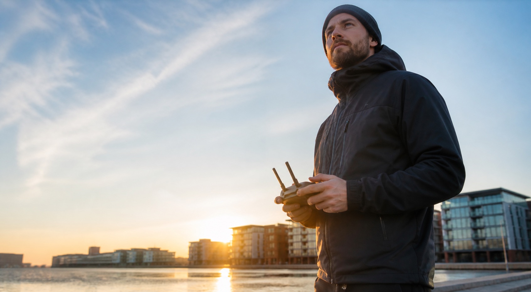 Dronepilot med controller ved havnefront